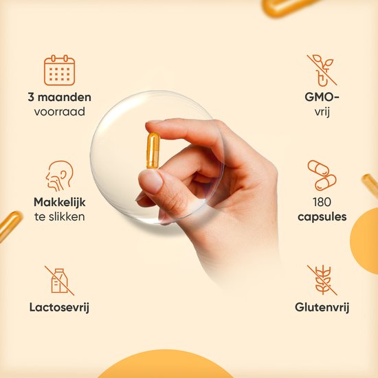 Gele capsule in hand. 3 maanden voorraad, makkelijk te slikken, GMO-vrij, 180 capsules, lactose- en glutenvrij.