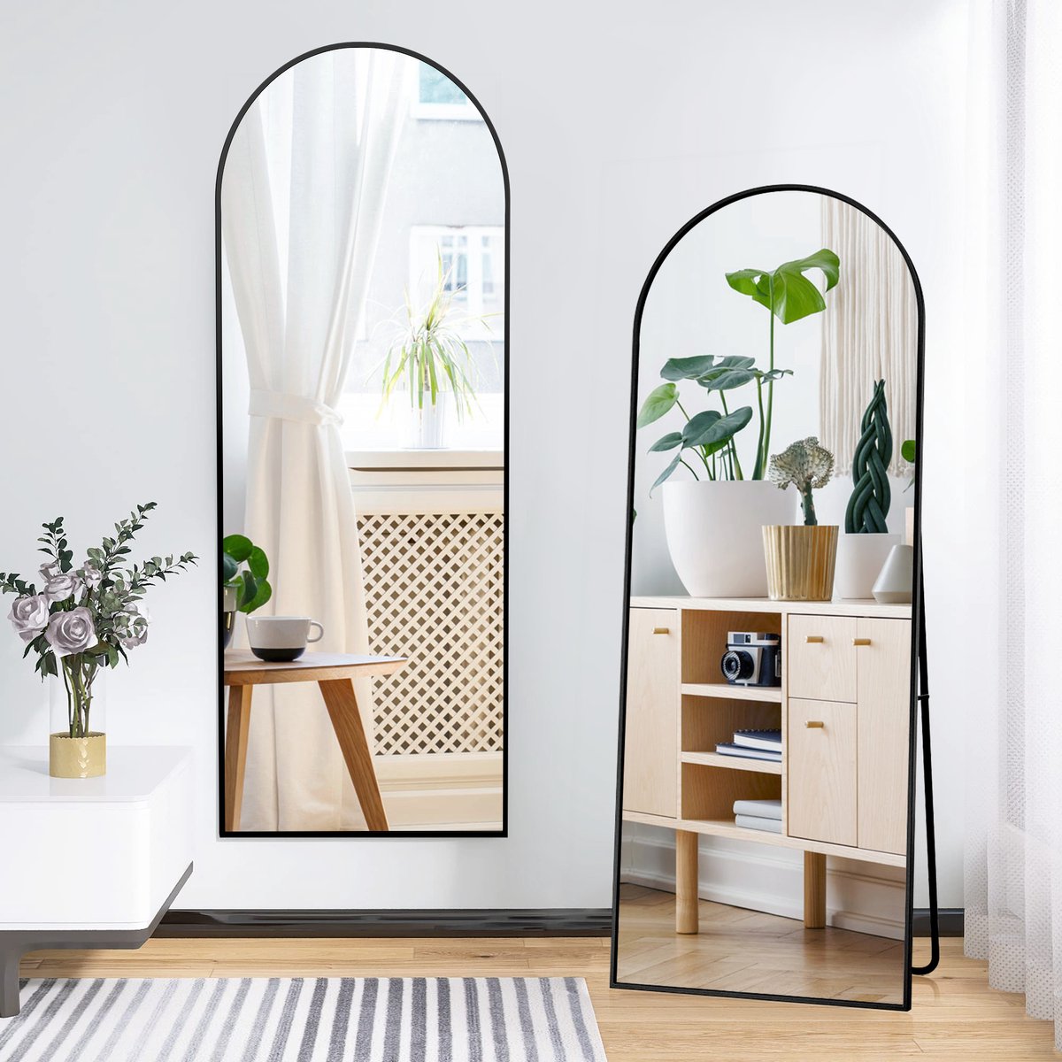 Passpiegel 177x77 cm - Grote wandspiegel met multifunctionele aluminium lijst (hangend/zittend/staand), Passpiegel voor badkamer, slaapkamer, hal of woonkamer, Zwart Halfrond
