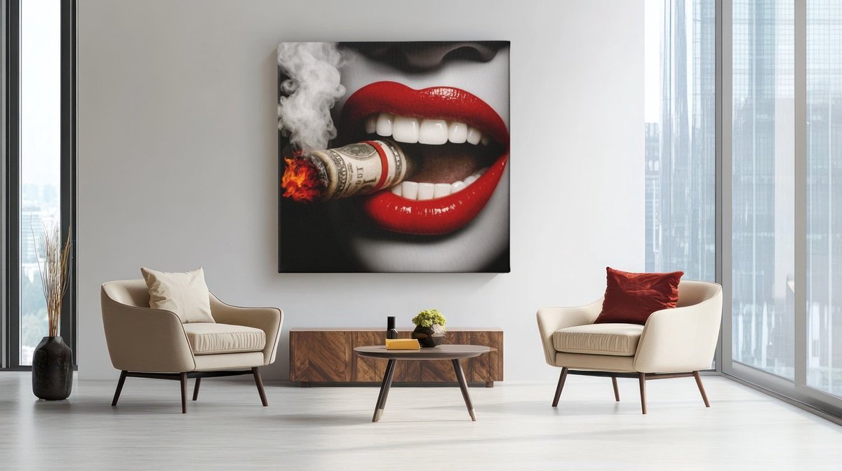 Trendex Global Vierkant Canvas Schilderij - Rode lippen - Brandend Geld - Wanddecoratie - 100x100 cm Grijs