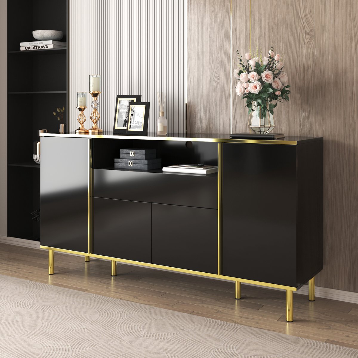 Wishdor Dressoir - 4 Deuren En 1 Lade - Met Ledverlichting - Hoogglans - MDF En Spaanplaat - Zwart - 150 x 40 x 80 cm