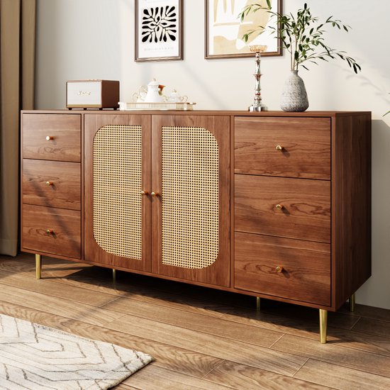 Buffet Wishdor Avec Portes En Rotin - 6 Tiroirs Et 2 Portes - Minimaliste Moderne - MDF - Couleur Bois - 160 X 40 X 90 Cm