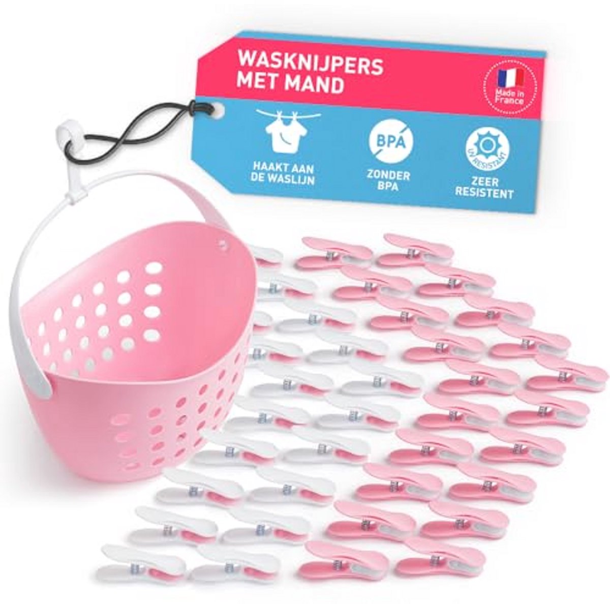 Zachte Wasknijpers met Mandje - 40 Stuks Roze-Wit