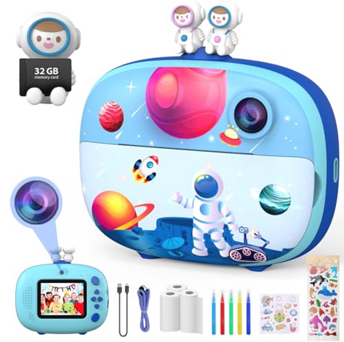 CHAKEYAKE Instant Camera Kinderen, 1080P Kindercamera Selfie, Kindercamera Digitale Camera Kinderen met 32G SD-kaart, Printpapier, Camera Speelgoedcadeau voor kinderen van 3-12 jaar(blauw)