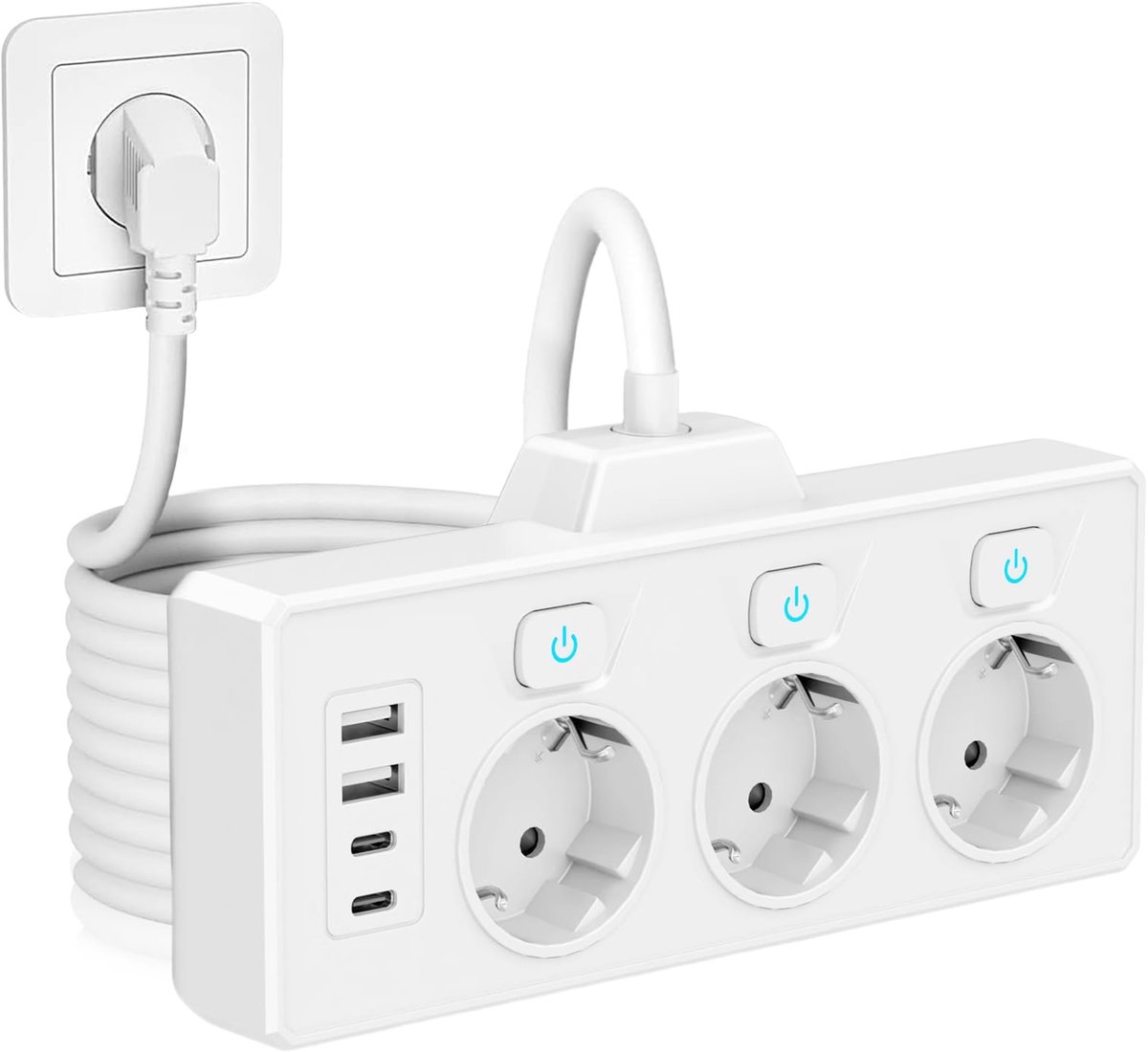 3-voudige stekkerdoos met schakelaar, stekkerblok, stopcontactverlengingen 3 stopcontacten met 3 USB- en 1 USB-C-poort, 3-voudige stekkeradapter voor kantoor en thuis, 1,5 m kabel