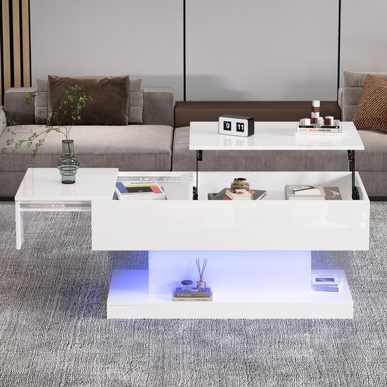 boorbin Hydraulische in hoogte verstelbare salontafel, met ledverlichting, bluetooth-app-bediening, 2 laden en open opbergruimte, witte opklapbare salontafel (wit