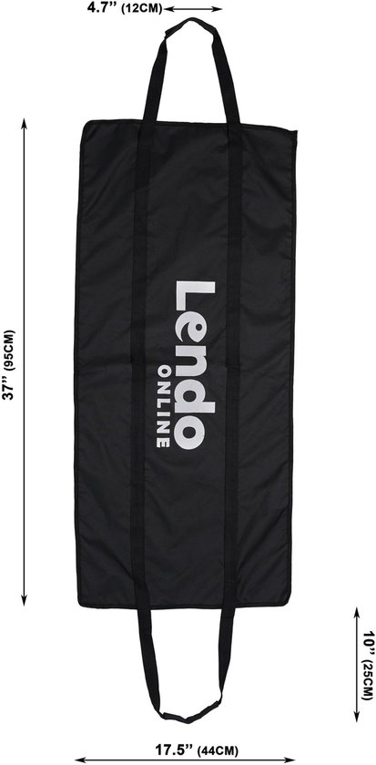 Zwarte draagtas met afmetingen van 85x44x12 cm, met 'Lendo ONLINE' logo.