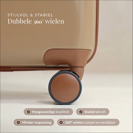 Detail van een bruine kofferwiel met tekst "Dubbele 360° wielen".