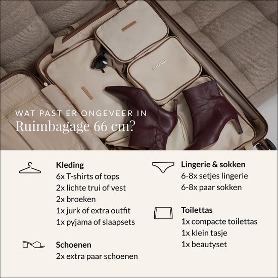 Valise ouverte de 66 cm emballée avec des cubes d'emballage, des vêtements, des chaussures et une trousse de toilette.