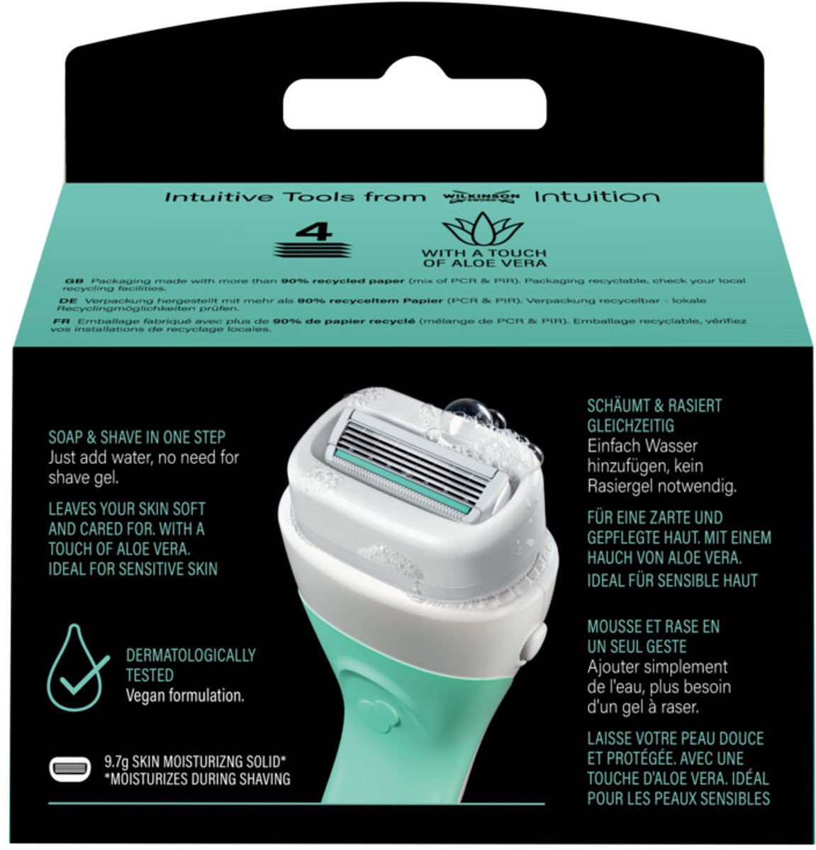 Wilkinson Sword Intuition 2in1 Soap and Shave Sensitive Skin-scheermesjes voor vrouwen met een gevoelige huid, 3 + 1 gratis navulmesjes