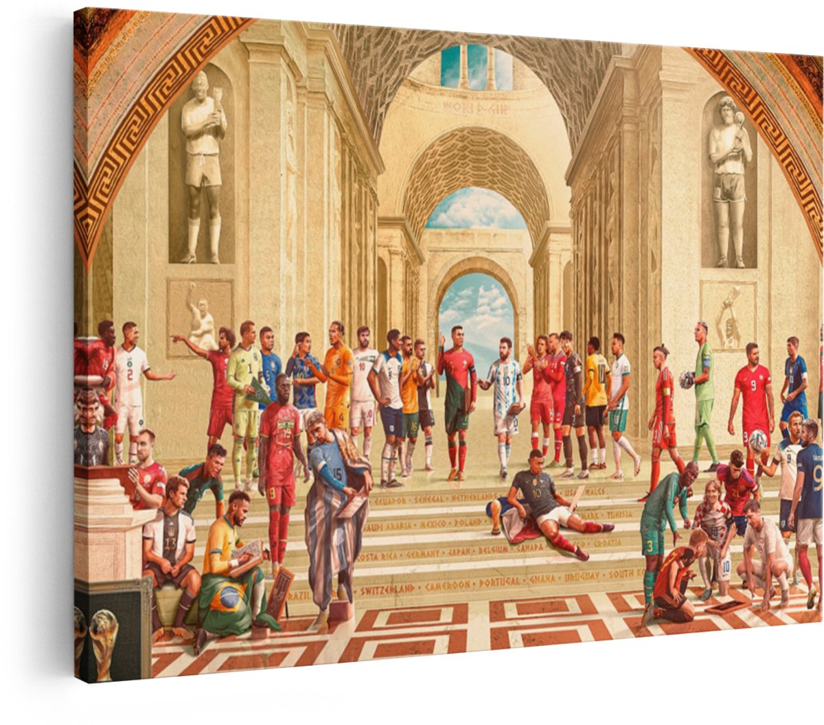 Artaza Canvas Schilderij Voetbal - 60x40 cm - Wanddecoratie WK Legendes - Muurdecoratie Messi Ronaldo - Decoratie Renaissance Schilderijen