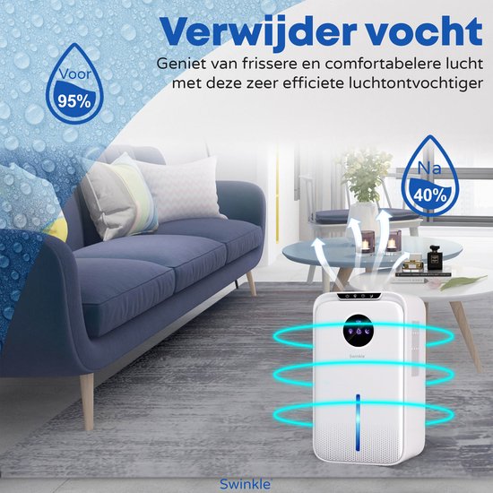 Witte luchtonvochtiger in een woonkamer, met blauwe circulatie-effecten en indicatie 'Voor 95%'.