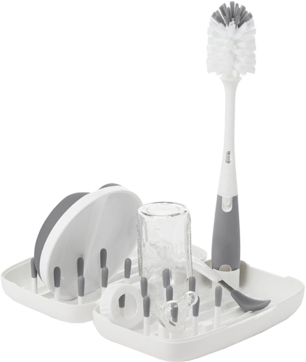 OXO tot Flessen droogrek baby & flessen borstel reis set - Flessenborstel baby - Flessenreiniger - Afdruiprek - Grey
