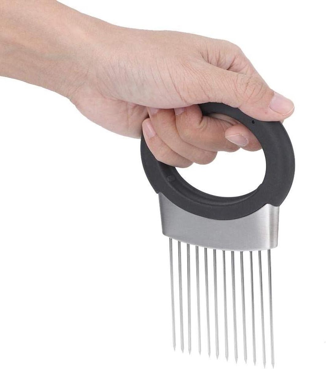 Handheld RVS uienhouder en groentesnijder voor aardappelen, komkommers, tomaten.