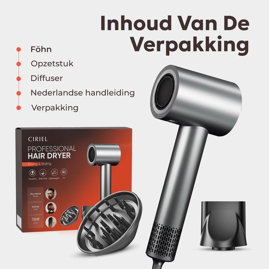 Inhoud van de verpakking: CIRIE L Professionele Haardroger, opzetstuk, diffuser en Nederlandse handleiding.