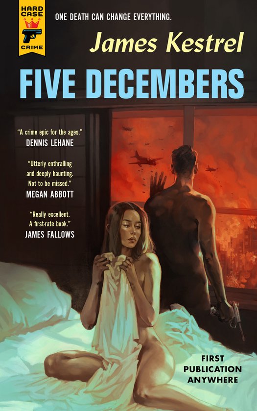 Boekomslag van Five Decembers door James Kestrel, met een vrouw in bed en een man bij een brandend raam.