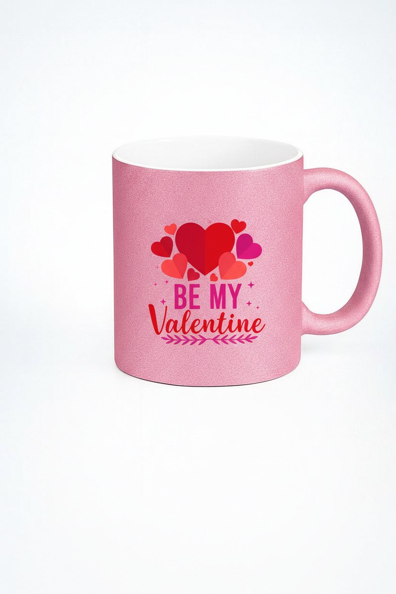 Roze Glitter Mok "Be My Valentine" - Valentijnscadeau Liefdes Mok