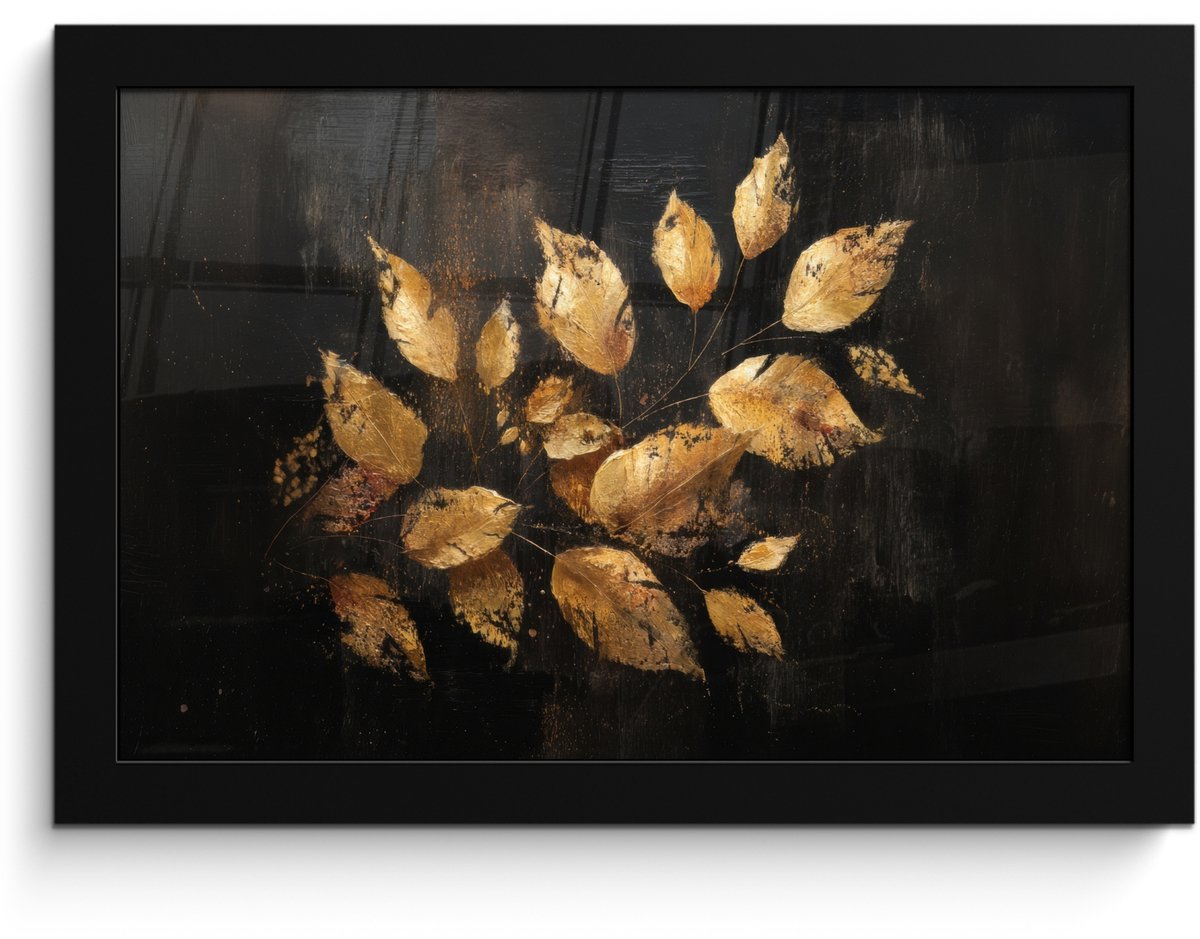 FrameYourWall Poster in lijst - Fotolijst 30x20 cm - Posters - Gouden Bladeren op Donkere Achtergrond - Posterlijst zwart - Decoratie - Wanddecoratie woonkamer - Muurdecoratie slaapkamer Bladeren - Goud