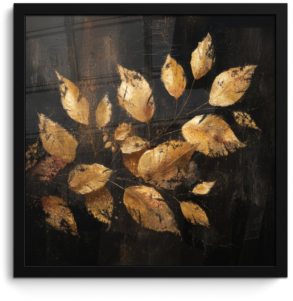 FrameYourWall Poster in lijst - Fotolijst 40x40 cm - Posters - Gouden Bladeren op Donkere Achtergrond - Posterlijst zwart - Decoratie - Wanddecoratie woonkamer - Muurdecoratie slaapkamer Bladeren - Goud
