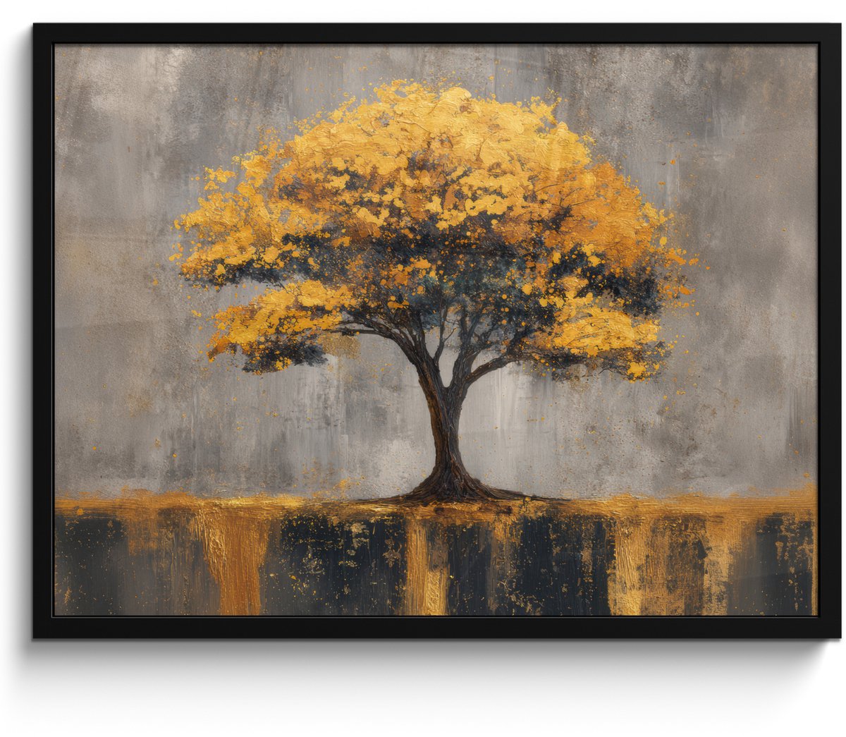FrameYourWall Poster in lijst - Fotolijst 80x60 cm - Posters - Boom - Bladeren - Goud - Abstract - Posterlijst zwart - Decoratie - Wanddecoratie woonkamer - Muurdecoratie slaapkamer