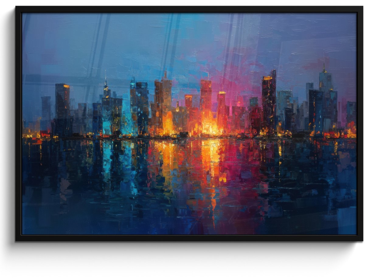 FrameYourWall Poster in lijst - Fotolijst 120x80 cm - Posters - Skyline - Penseelstreken - Donkerblauw - Lichtgevend - Posterlijst zwart - Decoratie - Wanddecoratie woonkamer - Muurdecoratie slaapkamer