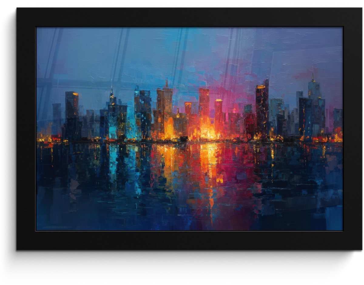 FrameYourWall Poster in lijst - Fotolijst 30x20 cm - Posters - Skyline - Penseelstreken - Donkerblauw - Lichtgevend - Posterlijst zwart - Decoratie - Wanddecoratie woonkamer - Muurdecoratie slaapkamer