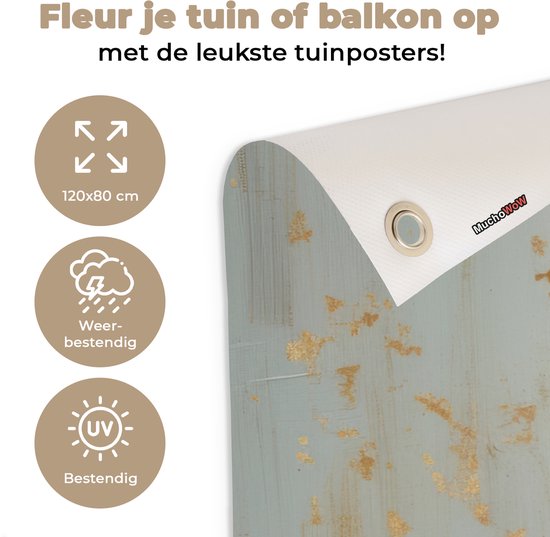 Een tuinposter van 120x80 cm, weer- en UV-bestendig, met een vrouw met bloemenkrans en zonnebril.
