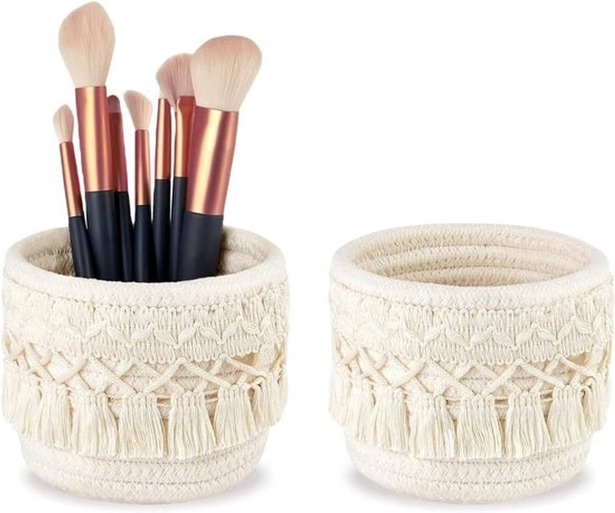 Make-upkwastenhouders organizer met boho-decoratie - set van 2 stuks - opbergmand voor pennen en potloden - 10 x 10 cm - wit