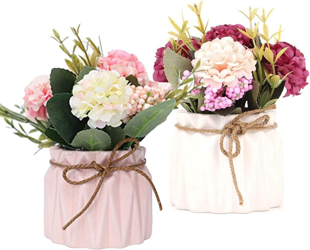 Ynkkvre Kunstblumen - Keramische Pot - Realistisch Uiterlijk & Licht Te Vormen Voor Optimaal Huisdecoratie - 2 Stuks - Woonkamer/Keuken/Wit Roze Kleurrijk