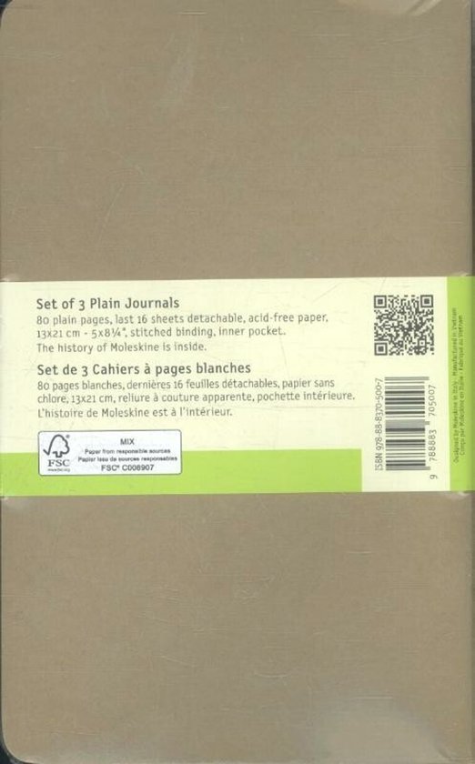 Achterkant van een set van 3 bruine Moleskine cahiers, met productinformatie in het Engels en Frans.