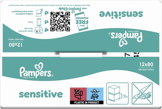 Couvercle de la boîte de lingettes Pampers Sensitive, avec logo et informations sur la collecte de points.