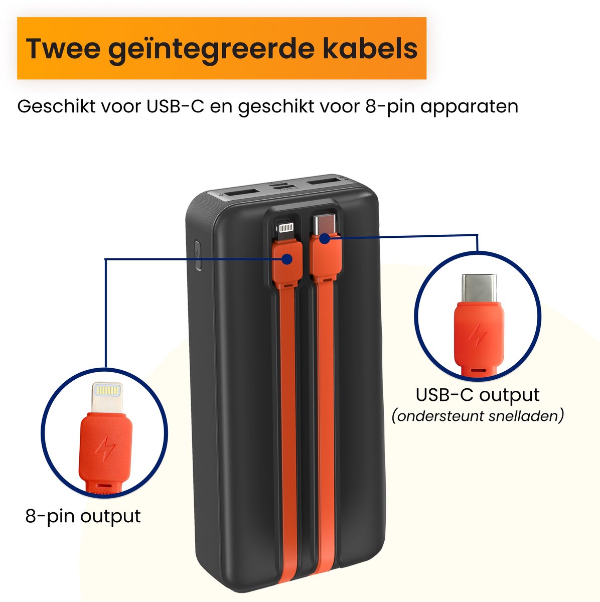 R2B Powerbank 20000 mAh met ingebouwde Oplaadkabels (8 Pins - afbeelding 3