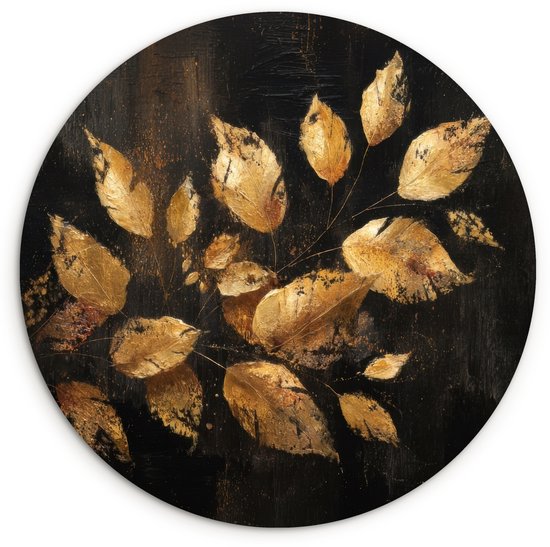 Ronde muurcirkel met gouden herfstbladeren op een zwarte, getextureerde achtergrond.