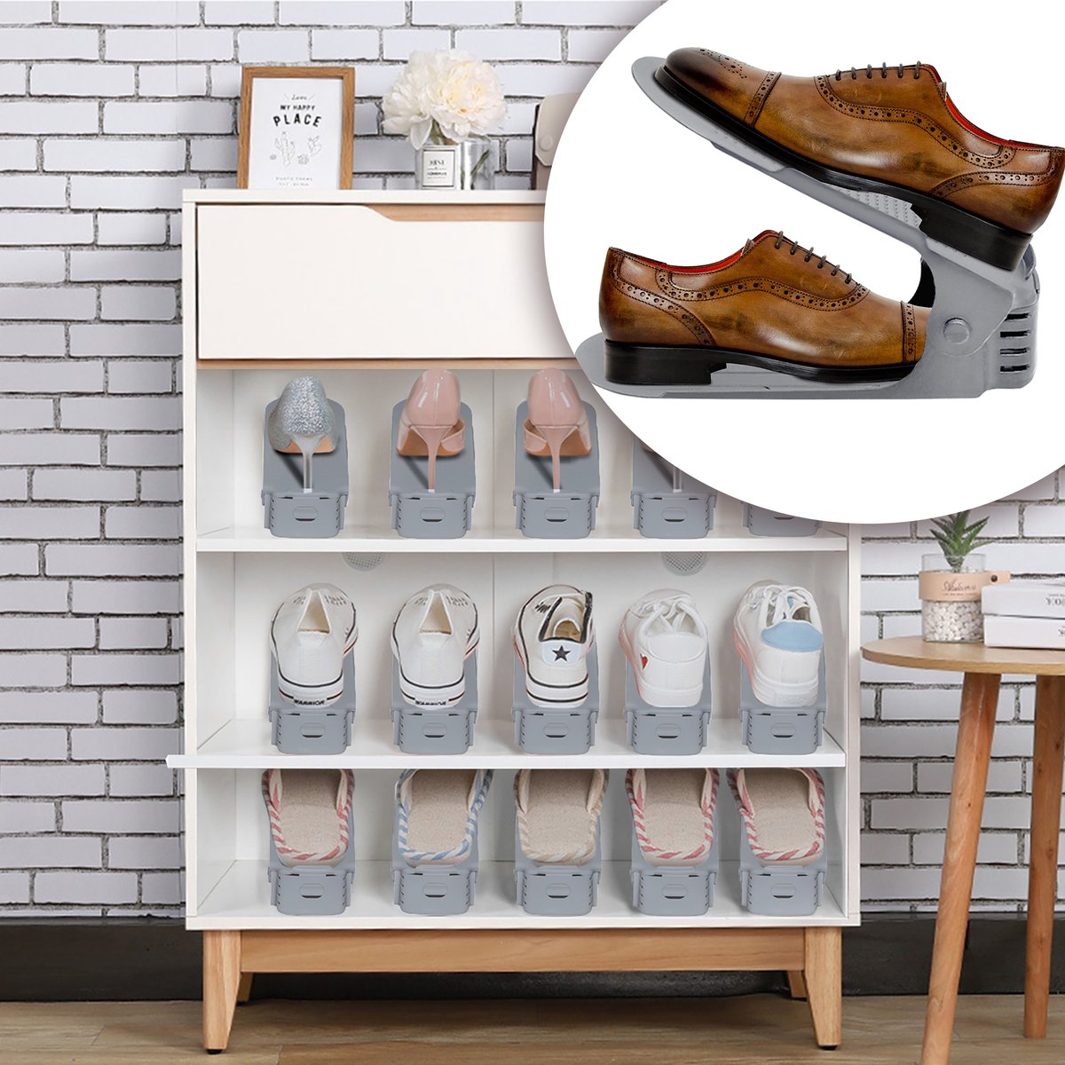Froadp 30 stuks verstelbare schoenenrek set schoenenstapelaar schoenenhouder antislip schoenenorganizer 3 in hoogte verstelbaar, kunststof - grijs