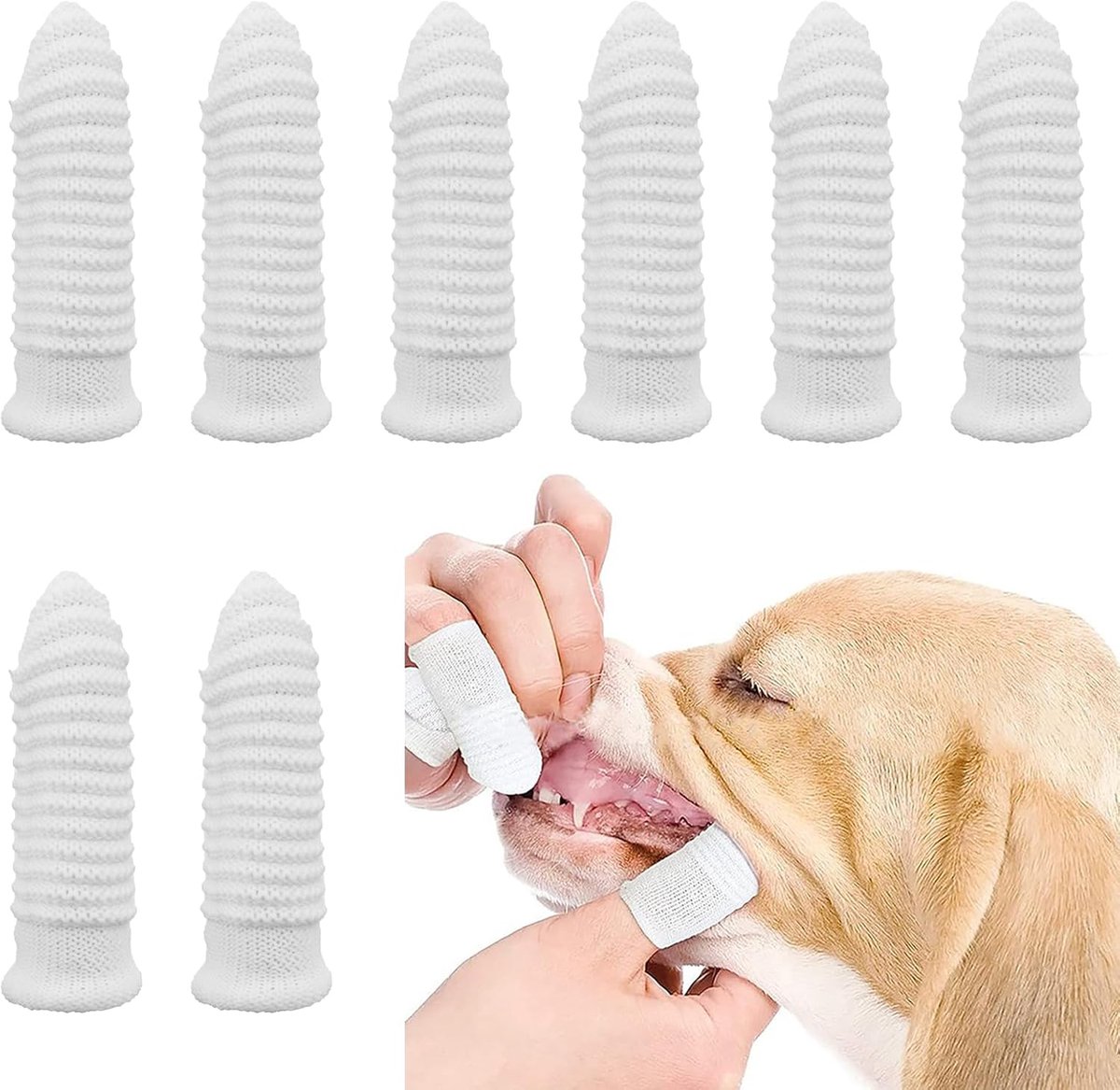 Famanu – Tandenborstel voor honden, set van 8 stuks, voor puppys, met reinigingshandschoen van katoen, wit, gestreept, accessoires voor tandhygine, ho