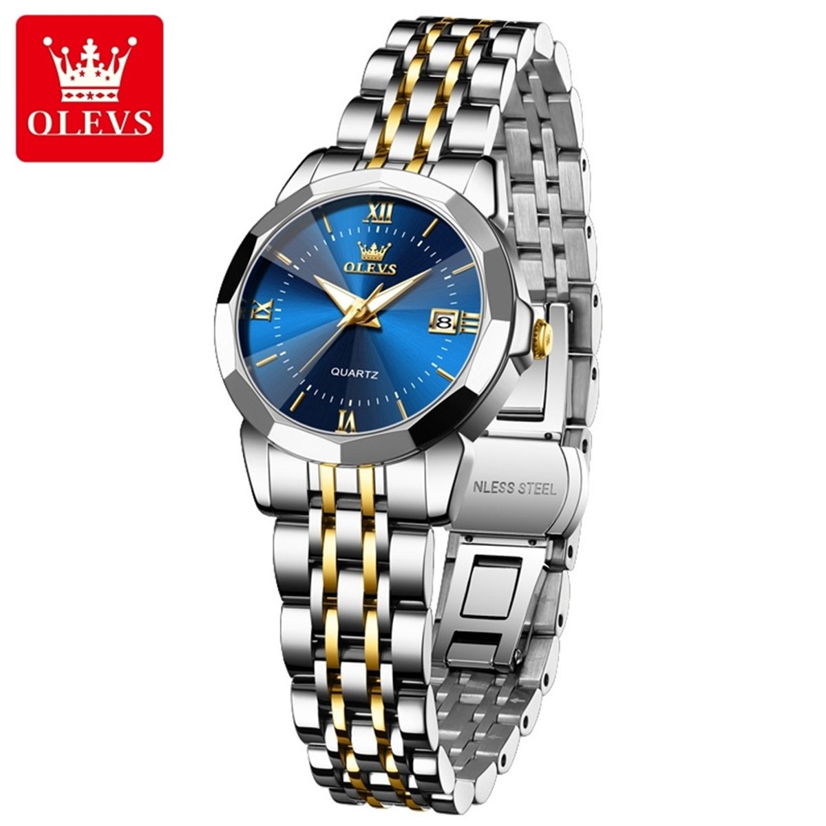 HO-9989L.gz-bl : Olevs 12 facet zilver-goudkleurig quartz edelstaal dames horloge, blauwe wijzerplaat, kalenderdag