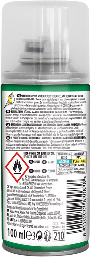 Aerosolblik met Turtle Wax logo, tekst 'Odor-X' en 'Whole Car Blast'..