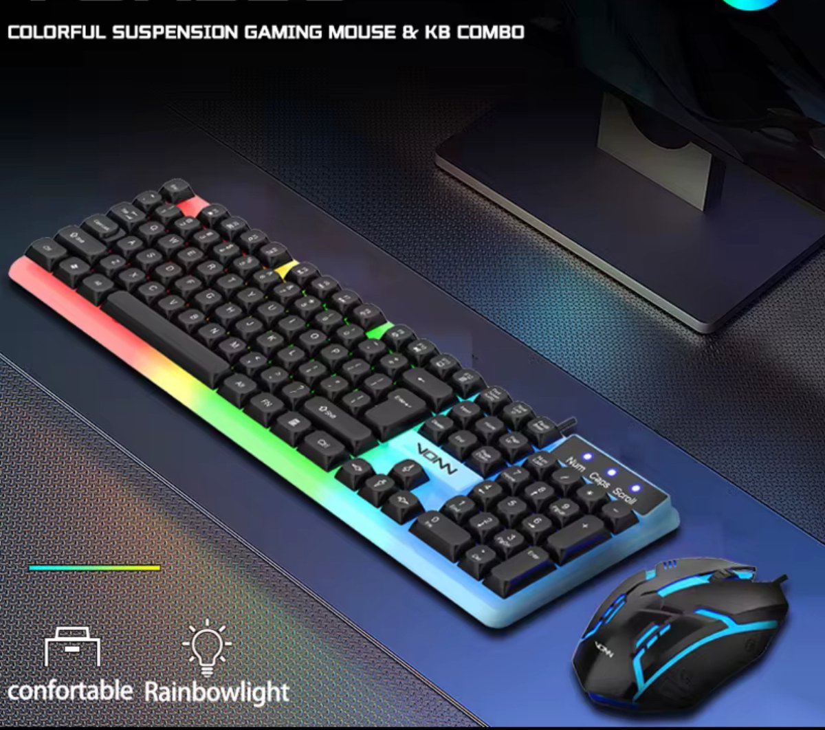 Bedraad Toetsenbord en Muis Set USB – RGB LED Verlichting – Full Size 104 Toetsen – Gaming Design – Zwart