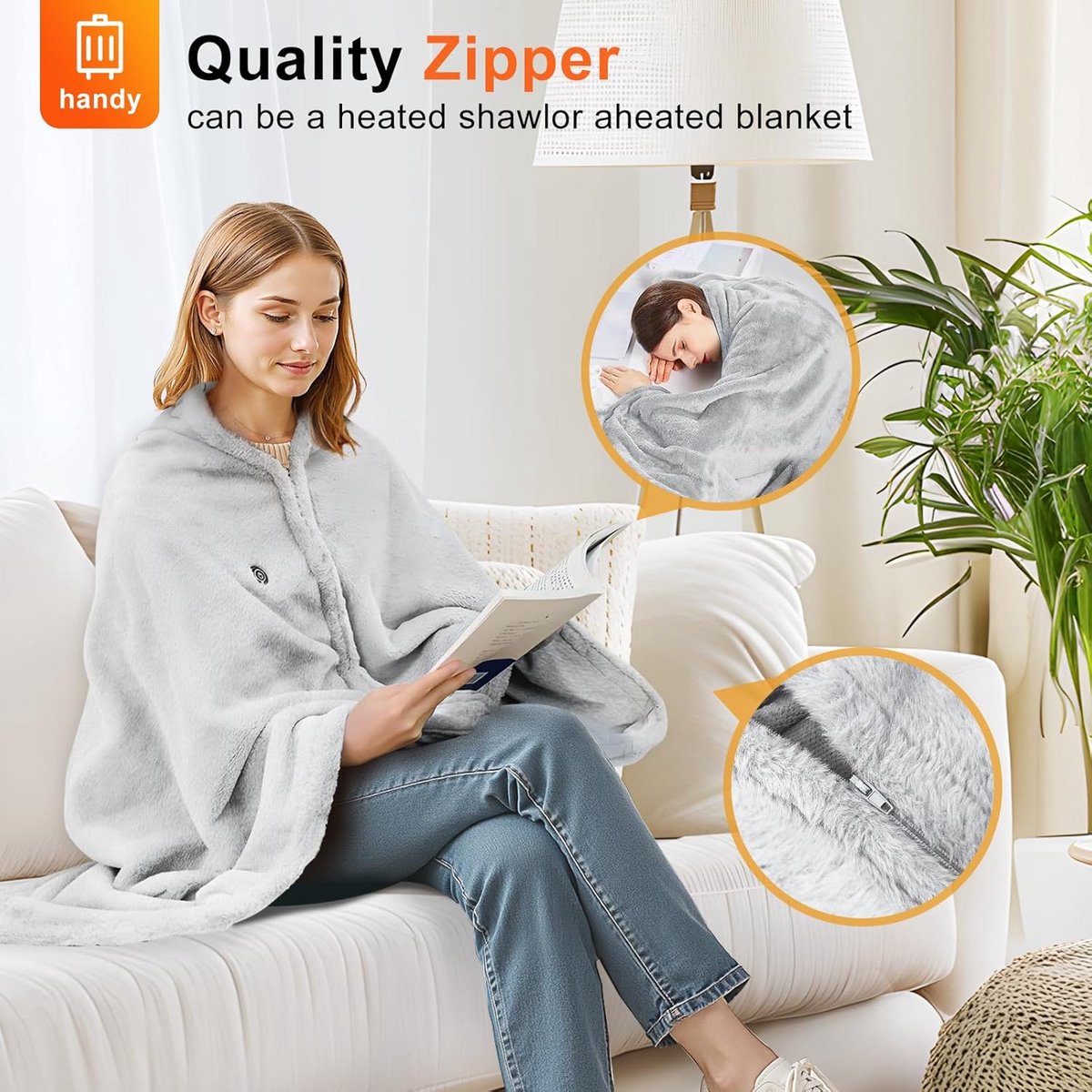 Warmtedeken - Elektrisch Verwarmde Sjaal met USB-Aansluiting - Draadloze Verwarmde Deken - 3 Warmtestanden - Verwarmde Sjaal/Poncho/Omslagdeken met Ritssluiting - Ideaal Voor Buiten - Op Reis Of Tijdens Het Kamperen - Batterij Niet Inbegrepen – foto 5