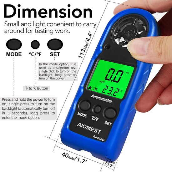 Handheld Digitale Anemometer met LCD & Achtergrondverlichting - Windsnelheidsmeter met MAX/AVG, Wind Chill en Beaufortschaal — afbeelding 5