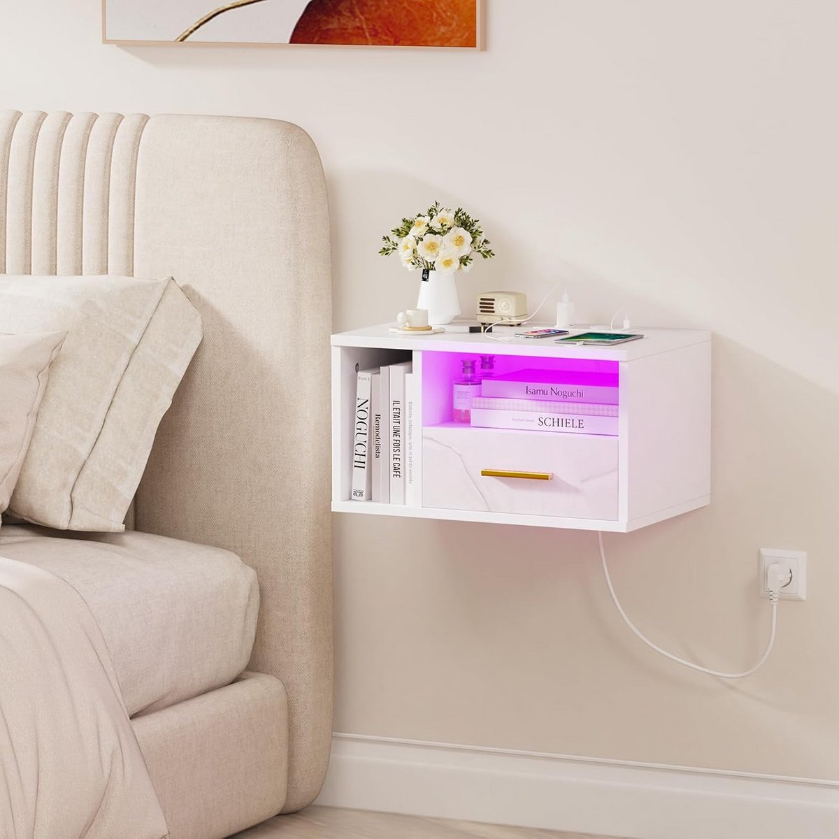 Zwevend Nachtkastje met LED Verlichting, Oplaadstation (2x AC, 2x USB) en Lade - Wit