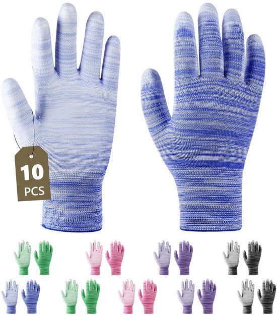 Paar gestreepte blauwe werkhandschoenen, met een label van 10 stuks. Onderkant toont diverse kleuren handschoenen.