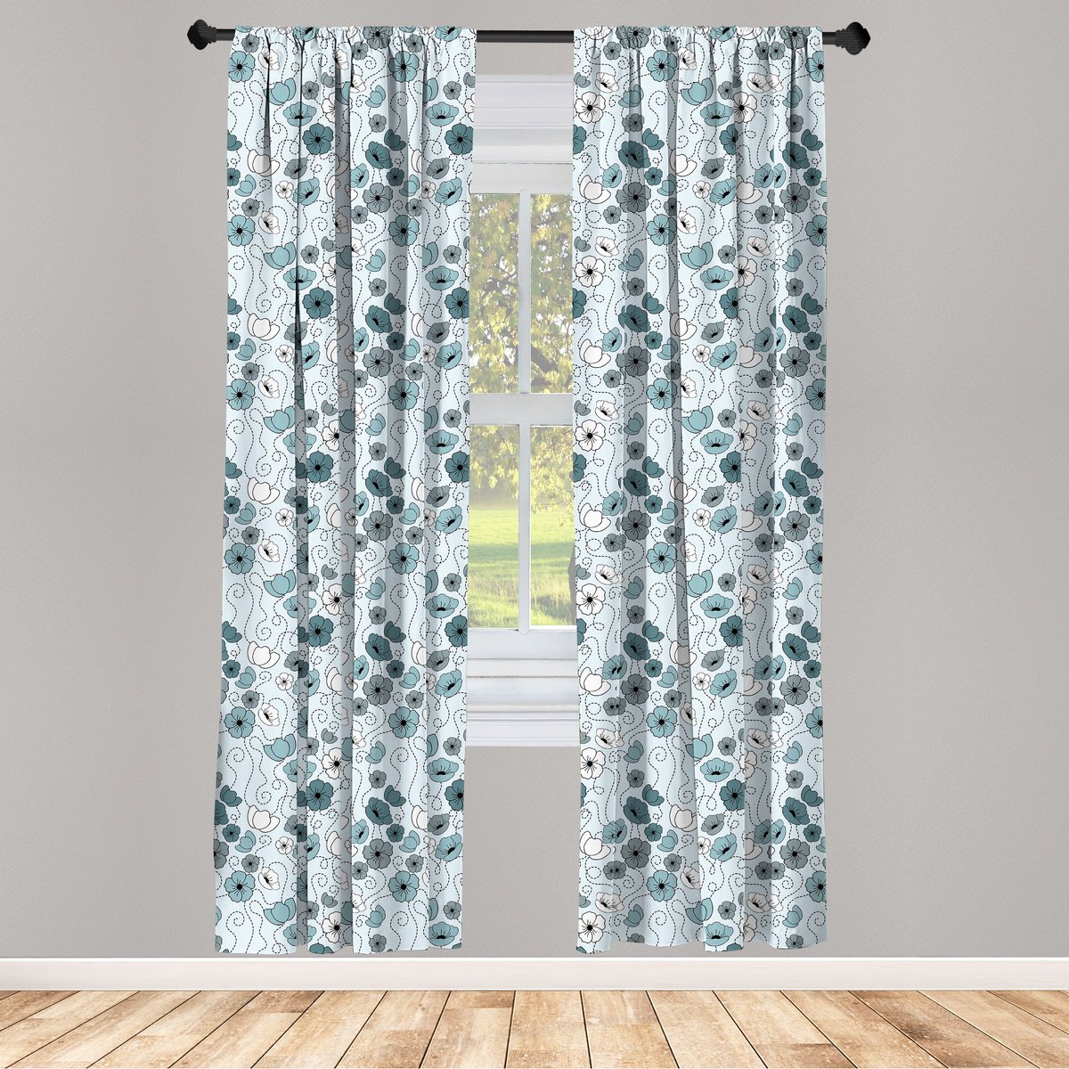 ABAKUHAUS Bloemenraamgordijnen – Doodle Bloemen Botanische Motieven – 2-delige set 75 x 225 cm – Grijs, blauwgrijs en wit