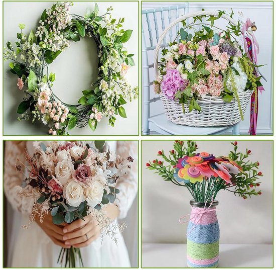 Collage met een groene bloemenkrans, een bloemenmand, een bruidsboeket en een vaas met bloemen.
