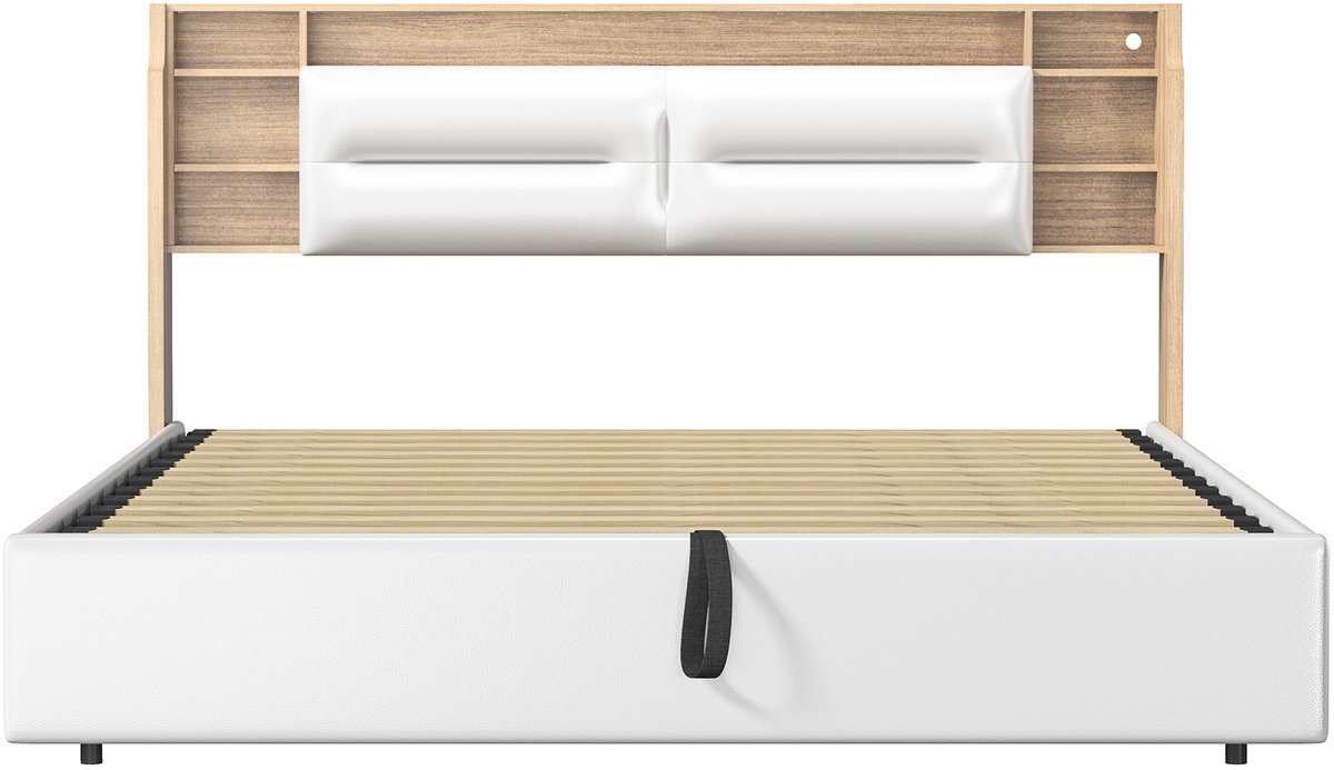 SHOPENTRA Opbergbed 160x200 cm wit PU-leer met 3-vaks opberghoofdbord, hydraulische opbergruimte en gestoffeerd tweepersoonsbed thumbnail 4
