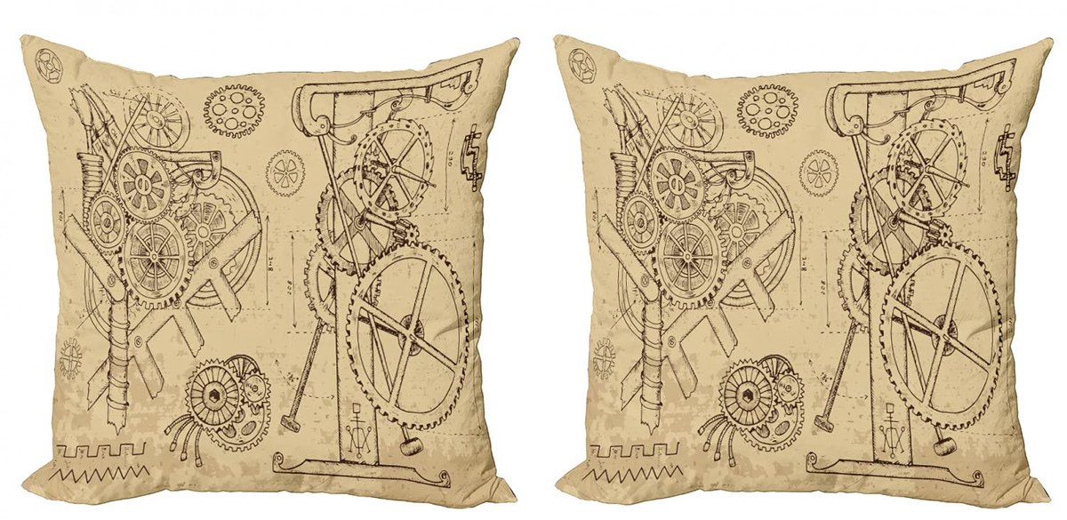 ABAKUHAUS Steampunk Kussenhoezen – 2x40x40 – Dubbelzijdig bedrukt – Beige/Bruin