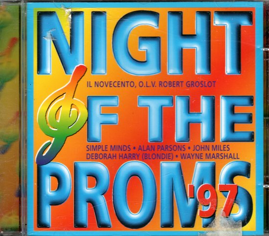 CD hoes met titel 'NIGHT OF THE PROMS '97' in grote blauwe letters. Een kleurrijke vioolsleutel is links.