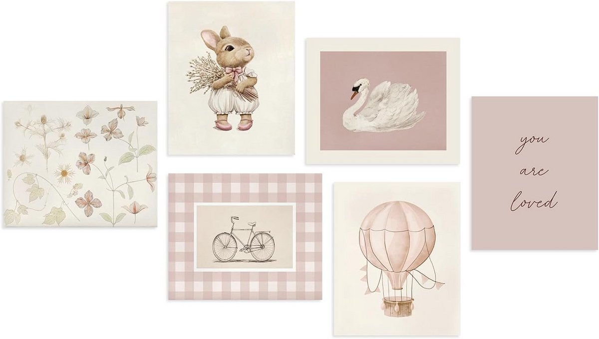 Set van 6 Roze Wanddecoratie Prints Babykamer - Zwaan en Konijntje met Bloemen - 20x25cm Zonder Lijst