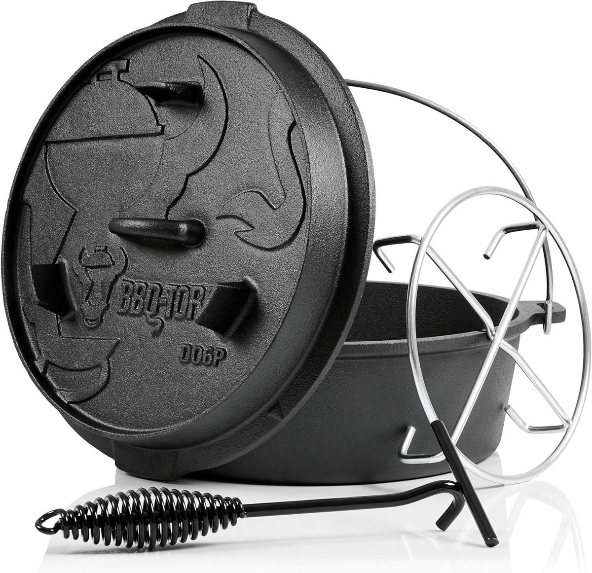 Gietijzeren Dutch Oven Pan met Deksel en Lifter - Voor BBQ en Kampvuur