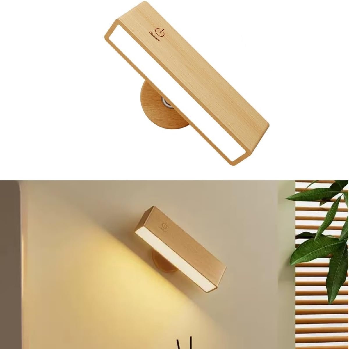 Draadloze Oplaadbare Houten LED Wandlamp met Touchscreen en Instelbare Helderheid