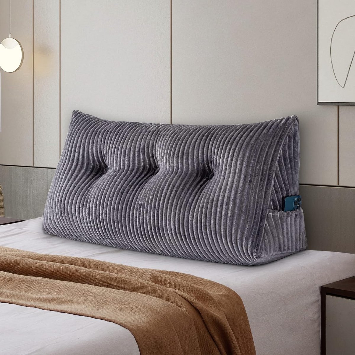 Groot Driehoekig Wigkussen voor Rug- en Neksteun in Bed (100x50x20cm, Grijs)